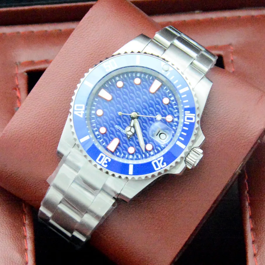 

New 40mm Automatic Men's Watch Blue Aseptic Dial Luminous Hand Rotating Bezel Date Magnifying Glass Stainless Steel Caseic ring