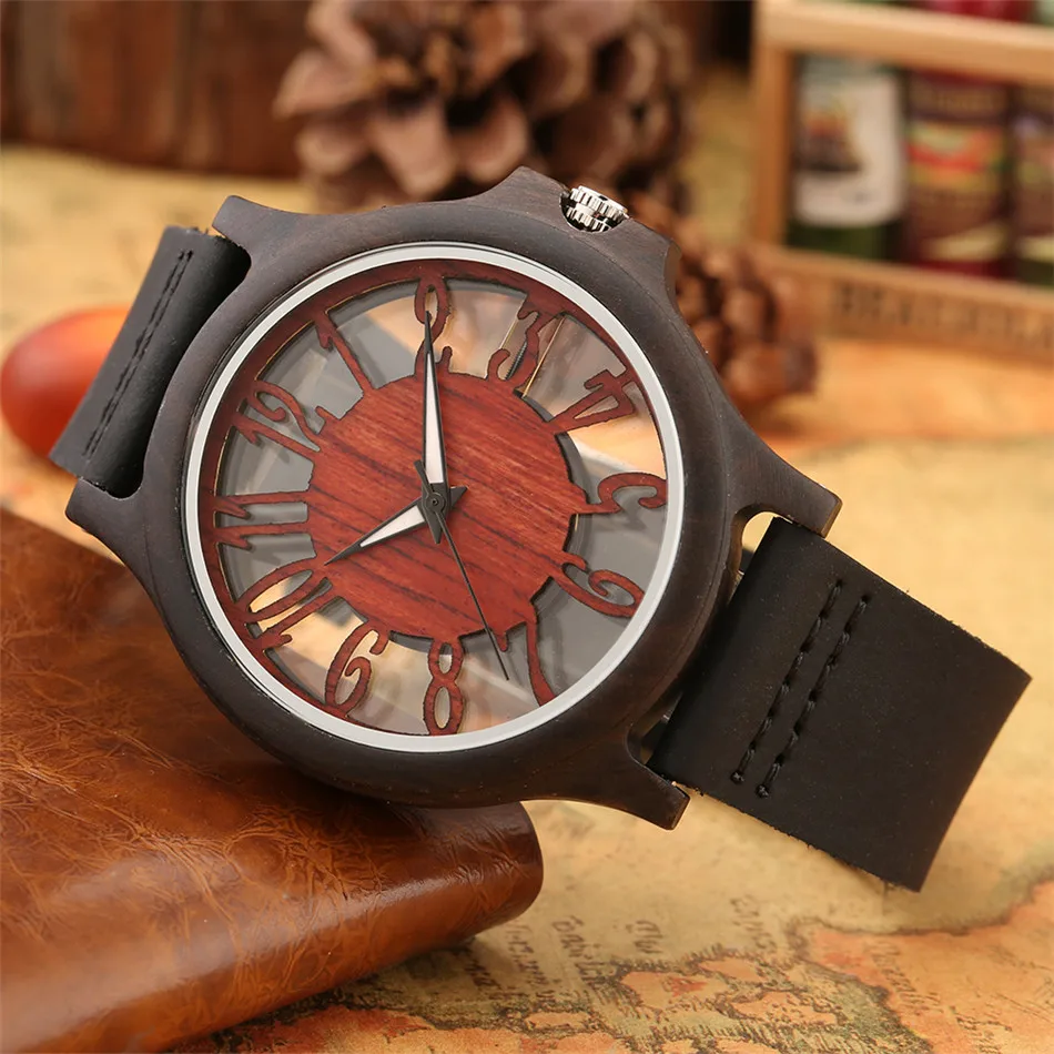 Transparent Hollow Arabic Numerals Display Men\'s Wood Watches Chic Fashion Male Quartz Genuine Leather Timepiece