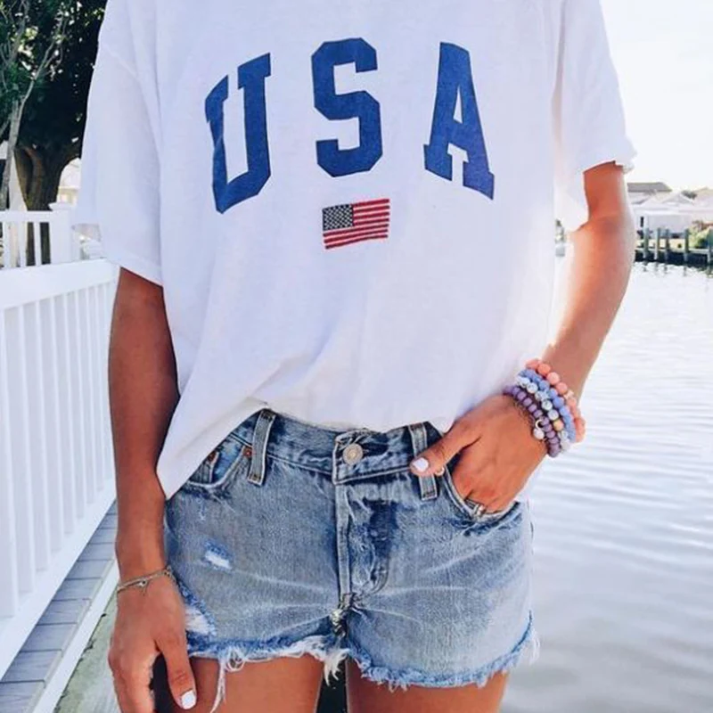 Harajuku Summer Women T-shirts Casual USA Flag Printed Tops Tee Female T Shirt Short Sleeve T Shirt Streetwear t-shirt