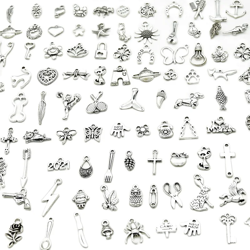 100pcs Tibetan Silver Mixed Animal Leaf Key Crown Charms Alloy Metal Pendants For DIY Handmade Jewelry Accessaries Making