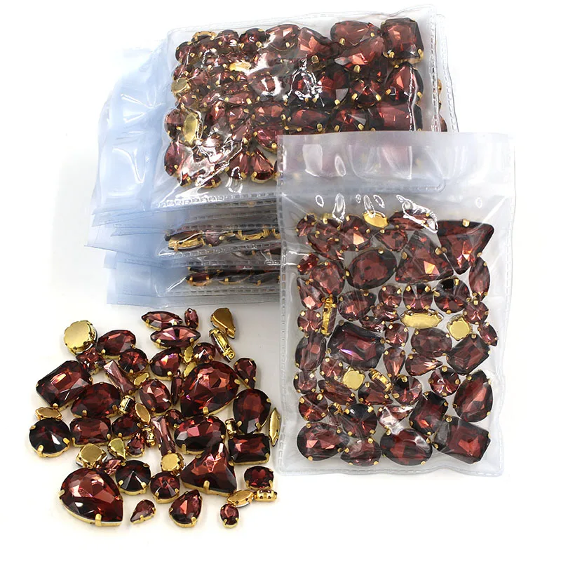 Wholesale 5 bags mixed shape sew on glass Crystal Wine red gold base  rhinestones diy dress/Clothing accessories