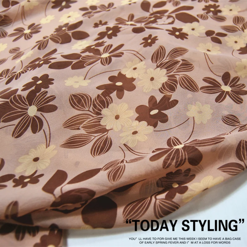 

Silk Georgette Chiffon Fabric Dress Fresh Small Brown Flower Clothing DIY Sewing