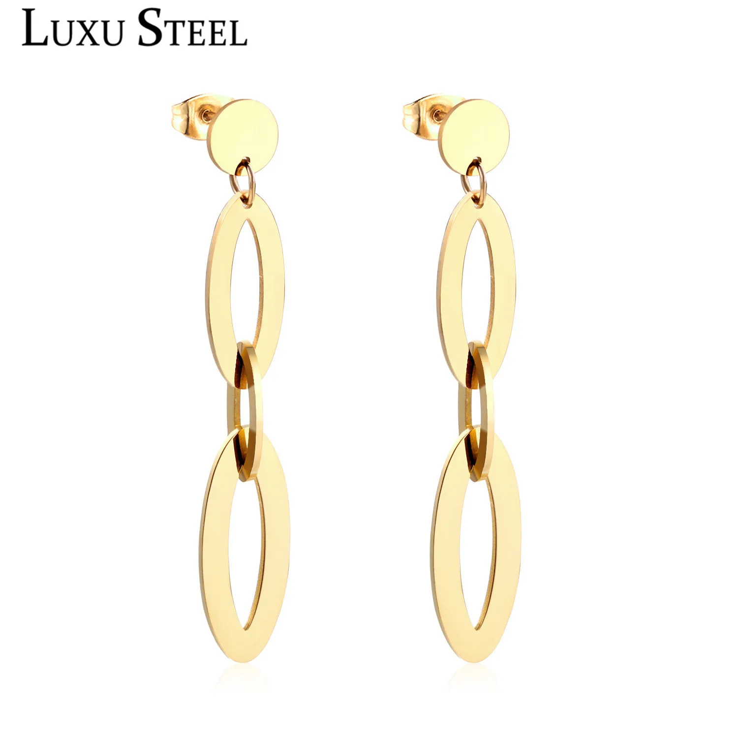LUXUSTEEL aretes Stainless Steel Geometry Drop Earrings Women Statement Jewelry Golden Color Push Back Jewelry Party