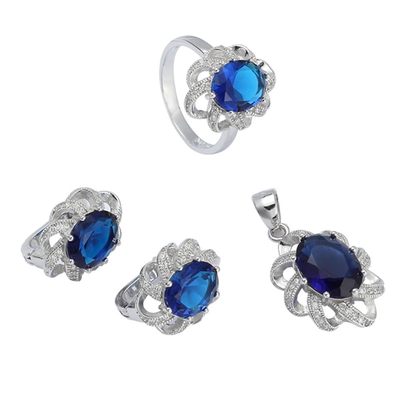 Eulonvan Luxury Wedding Jewelry Sets 925 Sterling Silver For Women Accessories Dropshipping Dark Blue Cubic Zirconia S-3701Set