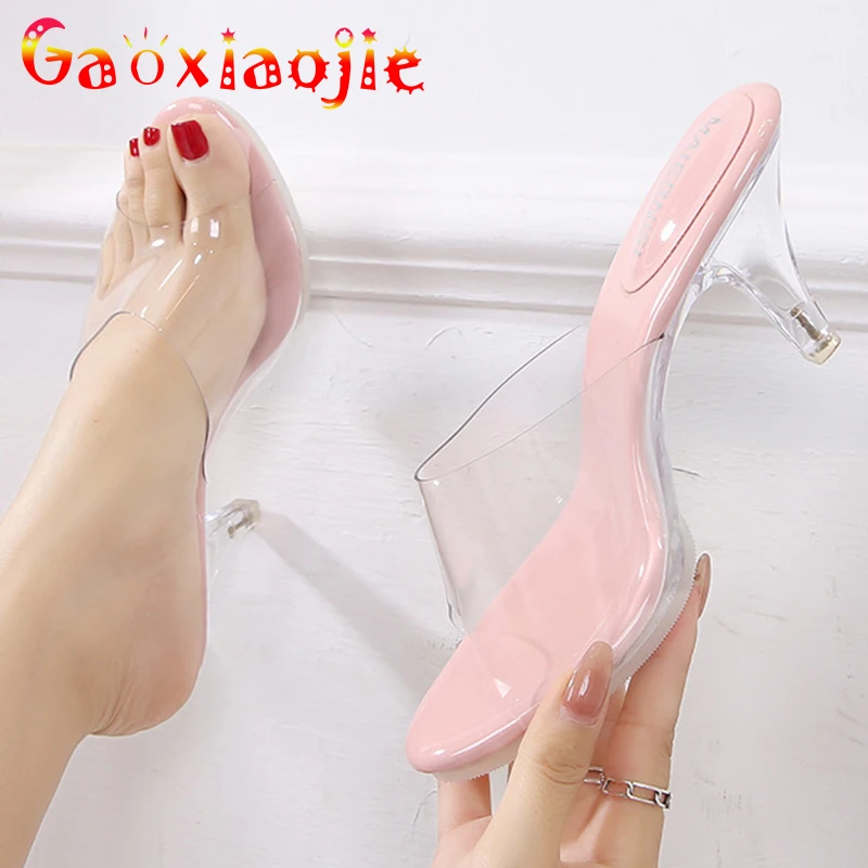 New Girly High Heels Sexy Crystal Sandals Transparent Low heel Slippers Open Toe Shallow Mouth Outdoor Wear Women's  Party Shoes