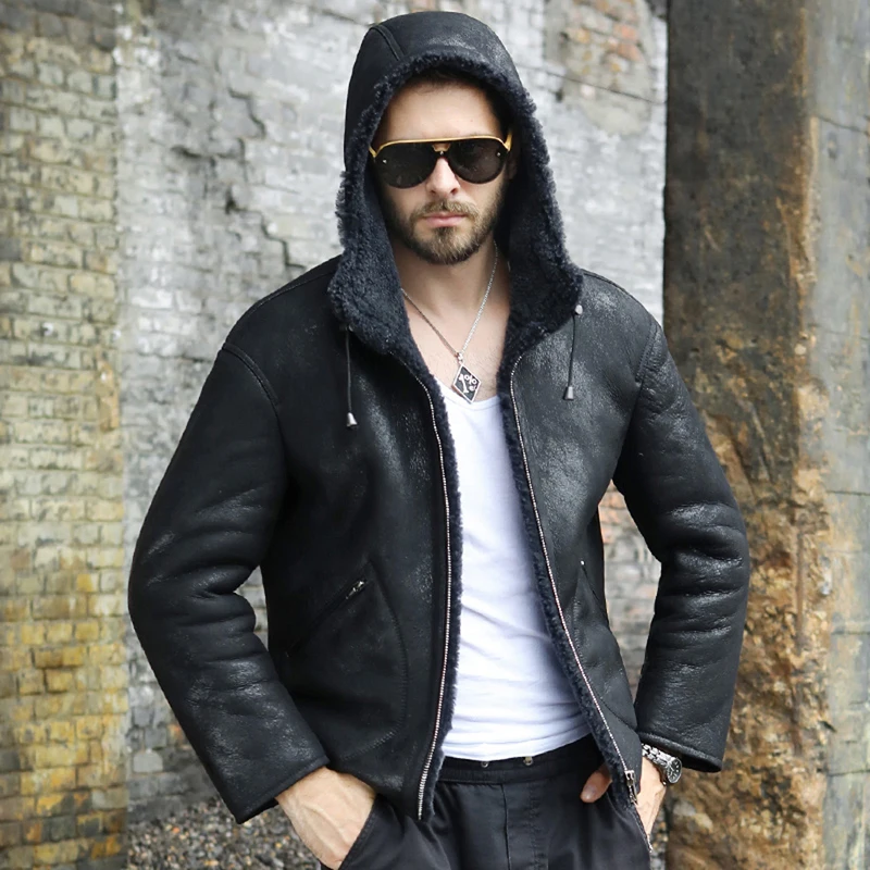 New Mens Sheepskin Shearling Jacket Black Leather Jacket Short Fur Coat Hooded Mens Winter Coats