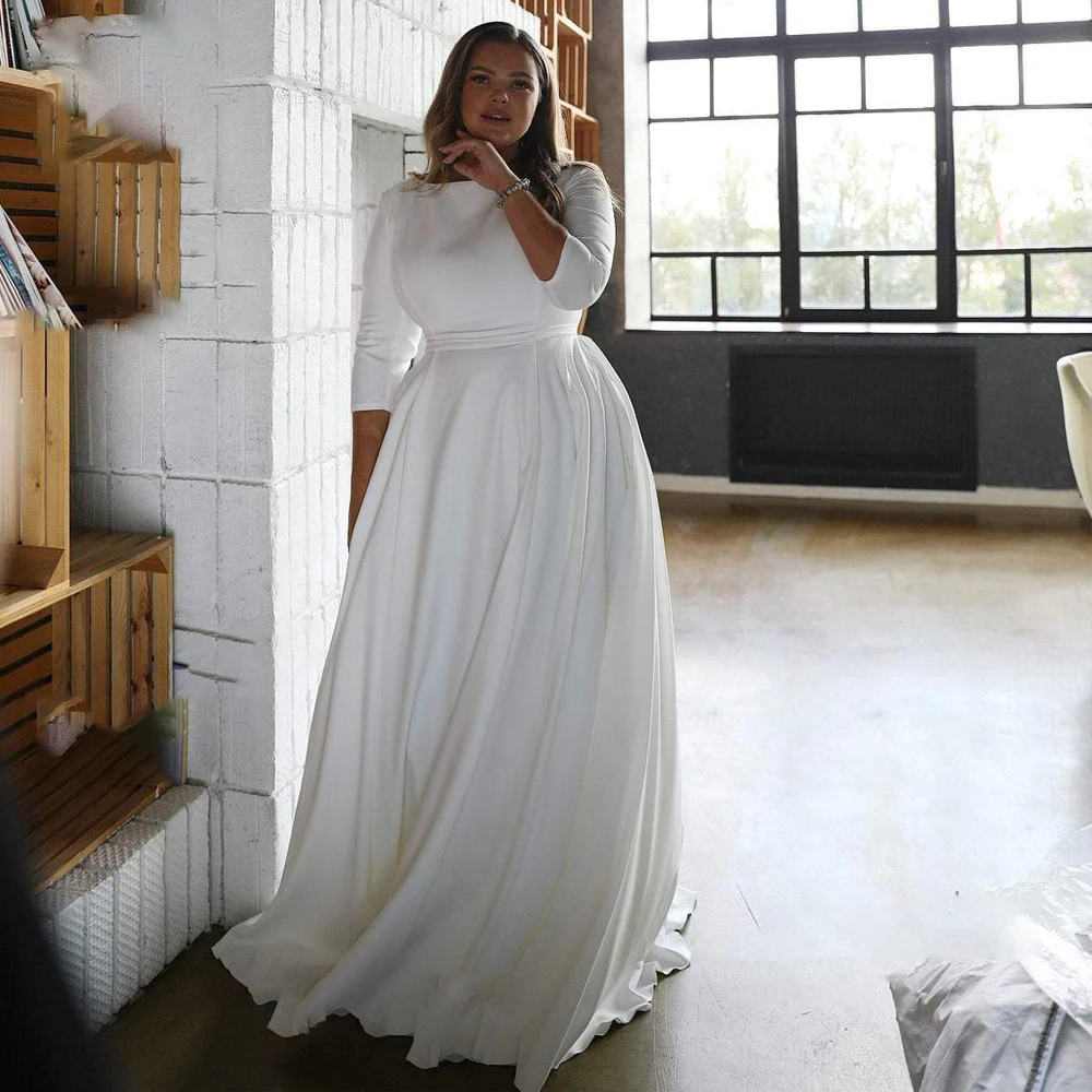 Customized Plus Size Wedding Dress Long Sleeve O-Neck Zipper Back 2022 Simple Satin A-Line Big Bridal Gowns Vestido De No