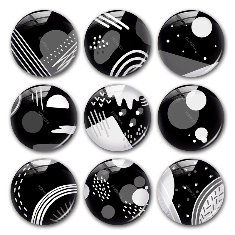 Geometric Pattern Glass Cabochon Black White Gray Digital Images Round Photo Demo Flat Back Jewelry Making Findings Supplies