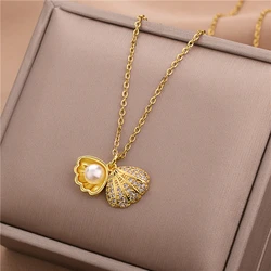 Korean Style Sweet Zircon Inlaid Open Pearl Shell Pendant Women Necklace Female Stainless Steel Party Jewelry Ladies Neck Chain