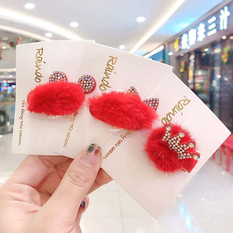 Girls Cute Colors Faux Fur Rabbit Bear Cat Ear Crown Hairpins Barrettes Children Sweet Ornament Hair Clips Kids Hair Accessories