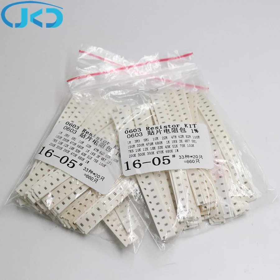 33valuesX 20pcs=660pcs 0603 0805 1206 Resistor Kit Assorted 1R to 1M ohm 1% SMD Sample Kit DIY 3.3R 5.1R 10R 47R 62R 82R 1K 10K