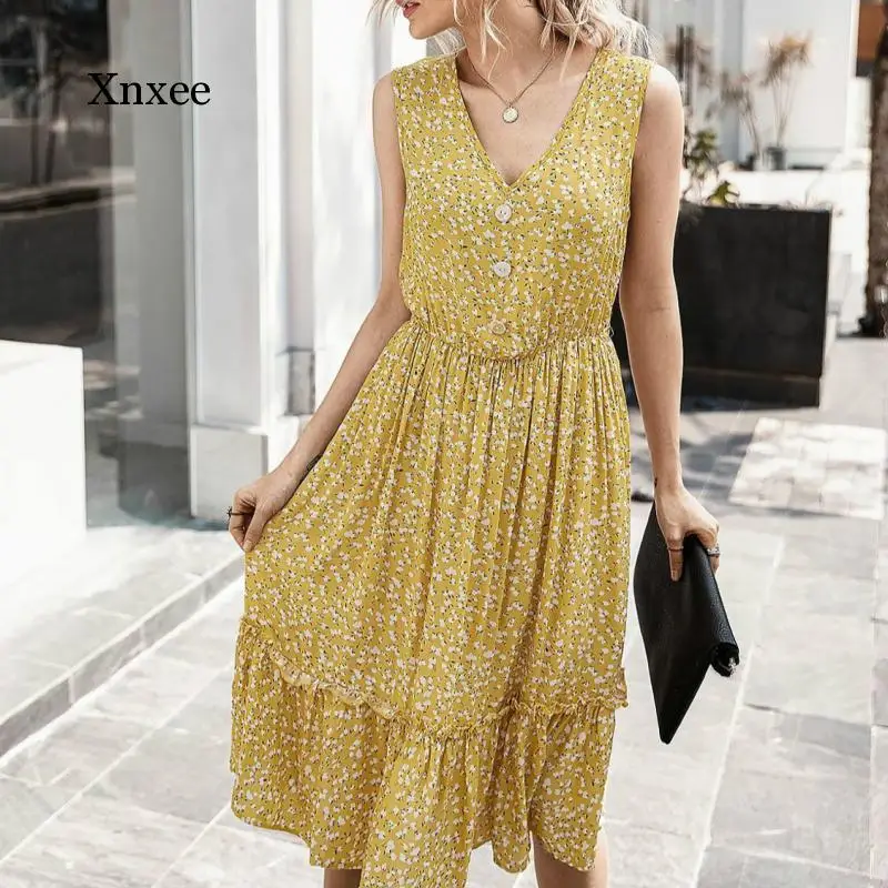 

Summer Boho Floral Print Long Dress Women V Neck Sleeveless Button Fashion Beach Ruffles Dresses Women Sundresses Vestidos