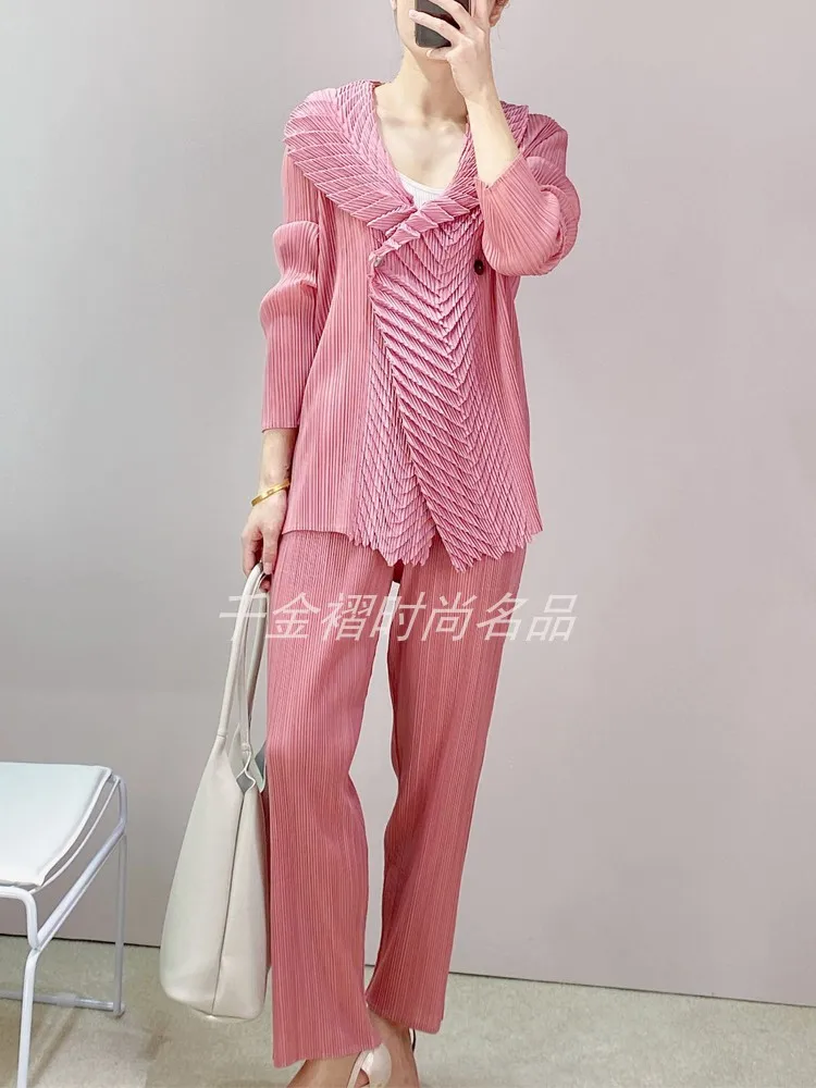 

HOT SELLING Miyake fold turndown collar long sleeve coat +Straight leg trousers solid two-piece set IN STOCK