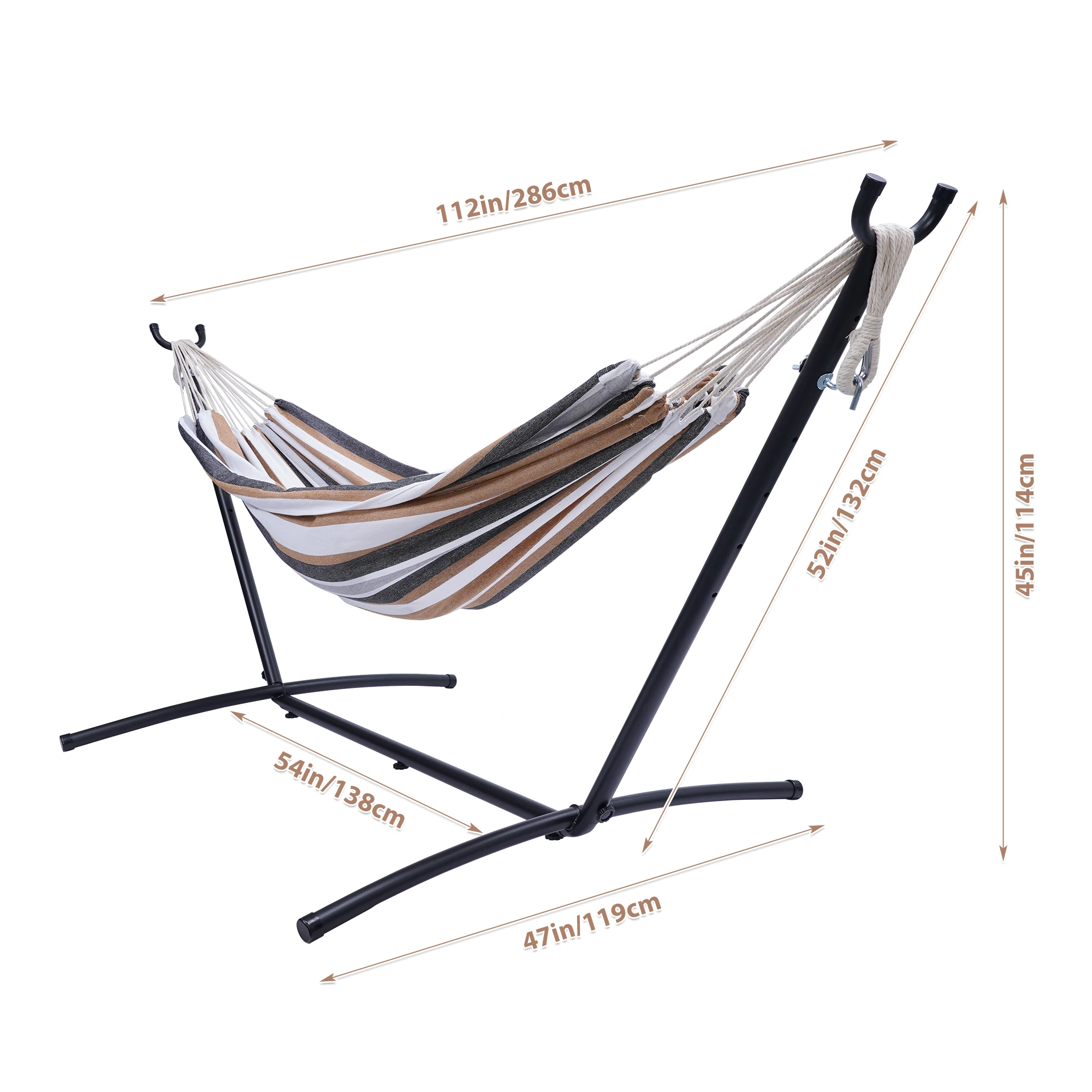 Large Size Classic Hammock for 2 Person Indoor Outdoor Use with Carrying Pouch Steel Frame 450 Pound Capacity Brown/Gray Striped