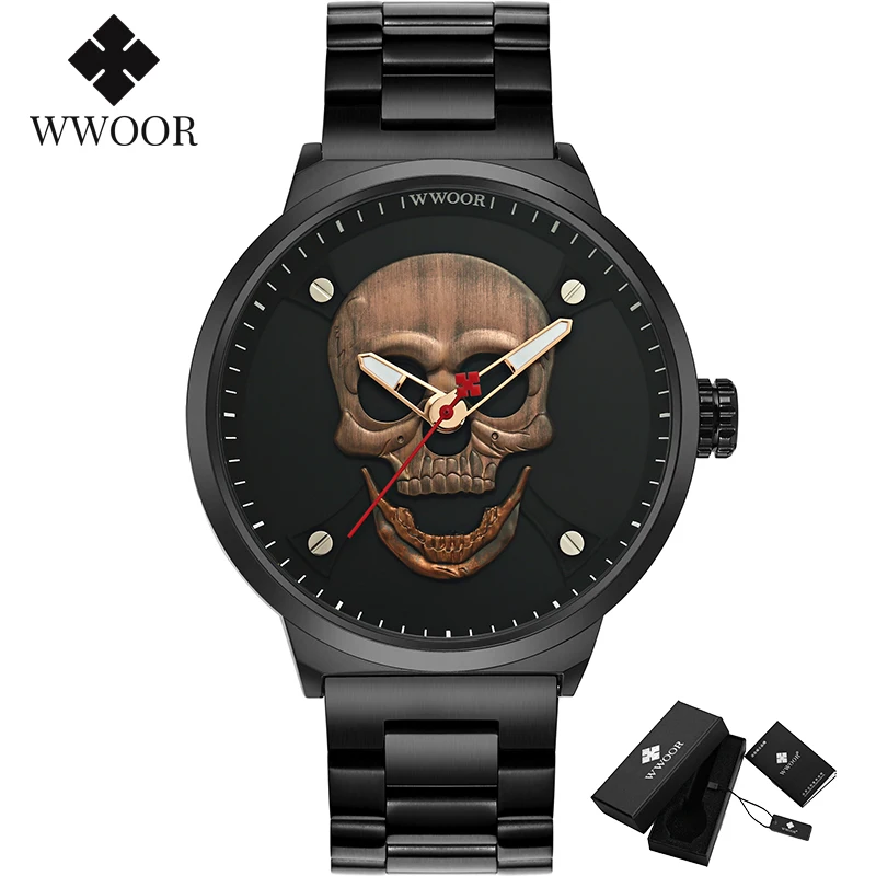 WWOOR Fashion Pirate Style Skull Watch Men Top Brand Luxury Men Waterproof Stainless Steel Quartz Wrist Watches Sports Men Clock