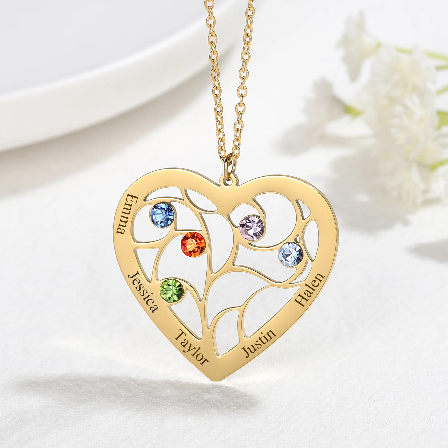 

Personalized Multiple Names Jewelry Heart Engraved Birthday Diamond Necklace With 18K Gold Stainless Steel Gift for Womem