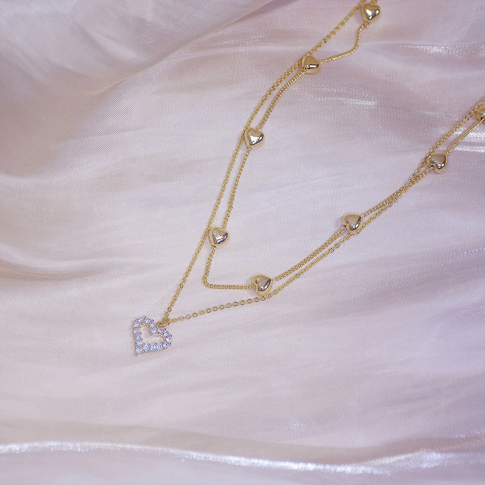 14k Real Gold Double layer Heart Necklace Shining Bling AAA Zircon Women Clavicle Chain Elegant Charm Wedding Pendant Jewelry