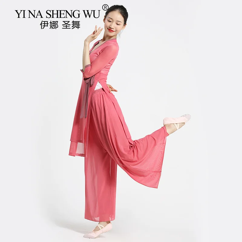 Summer New Women Classical Dance Pants China Traditional Folk Dance Dress Shine Flowy Pant Light Weight Mesh Practice Clothes