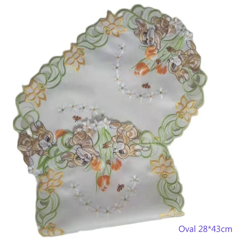 2024 Cute oval Easter bunny embroidery table place mat pad cloth party placemat doily kitchen Table decoration and accessories