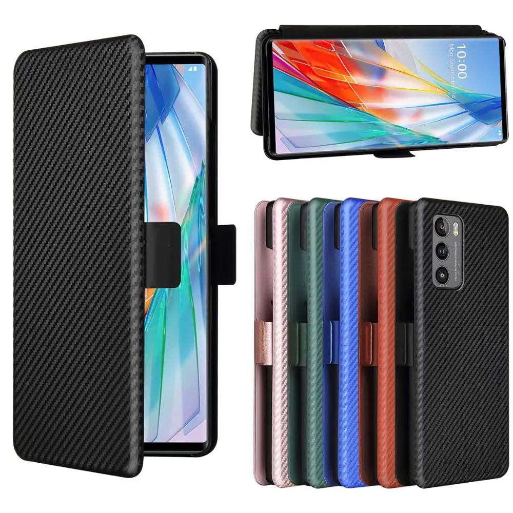 Vintage Carbon Fiber PC TPU Case For LG Wing 5G 2020 Flip Leather Wallet Phone Cover For LG Wing LGWing 5G Case 6.8\