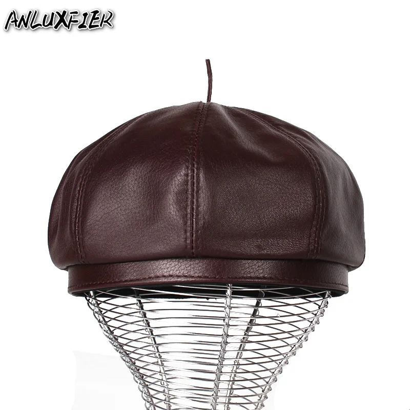 

B-9486 Adult Genuine Leather Octagonal Hat Lady Fashion Sheepskin Hats Men's Leisure Artist Cap Middle-aged Pumpkin Hats