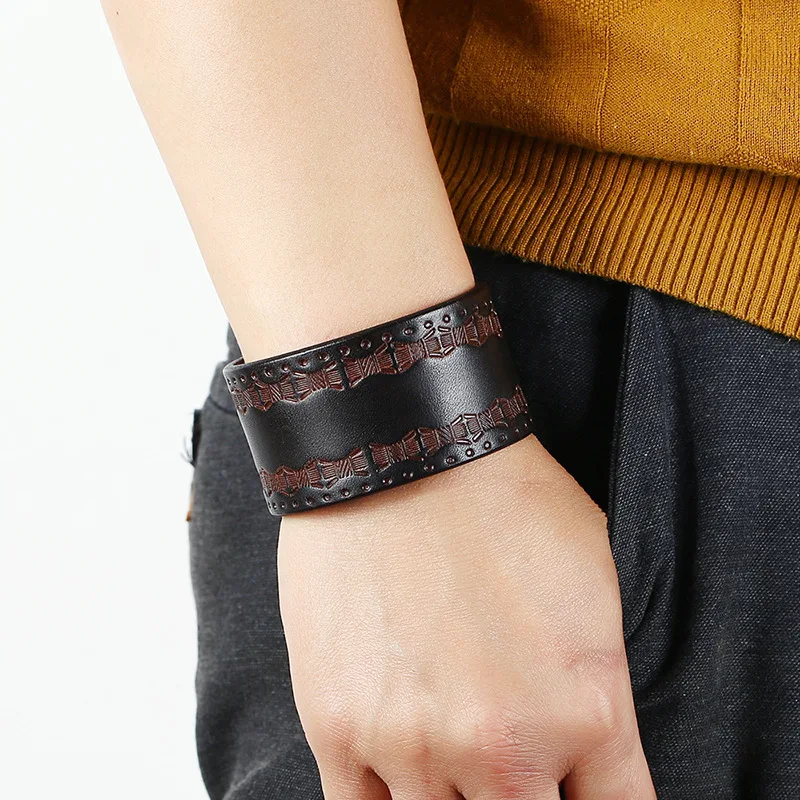 Retro Brown Wide Cowhide Bracelet Punk Style Genuine Leather Bangles Women Men Ethnic Wristband 2023 Fashion Jewelry