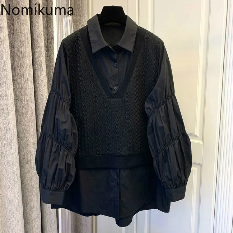 Nomikuma Vintage Twisted Knitted Patchwork Women Blouses Causal Fake 2pieces Puff Long Sleeve Blusas 2023 New Shirts 6D179