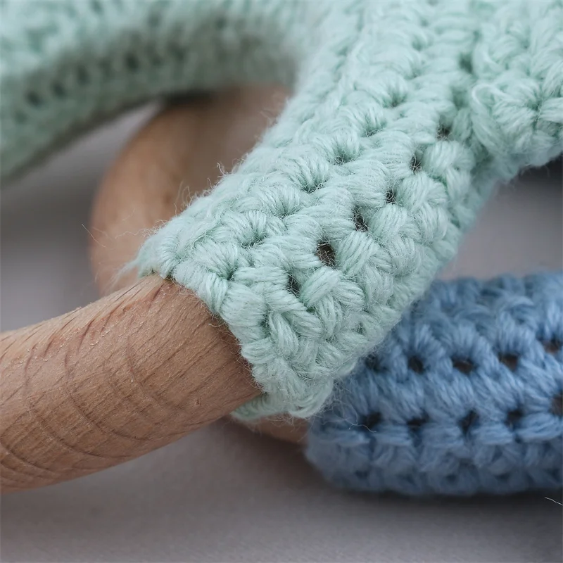 Food Grade drewniane pierścienie nadgarstek niemowlę karmienie koła ukąszenia zabawki DIY Knitting gryzaki dla niemowląt noworodka Fitness rama