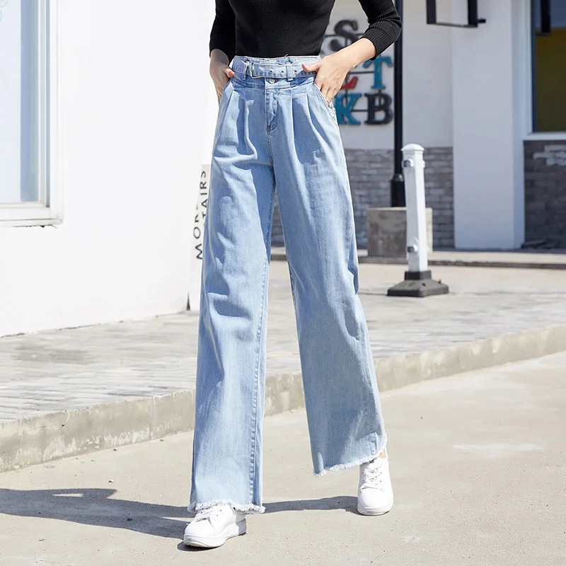 Free Shipping 2020 Fashion Long Jeans Pants For Women Wide Leg Trousers Plus Size 25-30 Tassels Denim Summer Tassels Belt Jeans