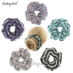 Furling Girl 1PC 3 Different Printed Colors Stripes Chiffon Fabric Hair Scrunchies Women Hair Ties Gum Elastic Hair Bands