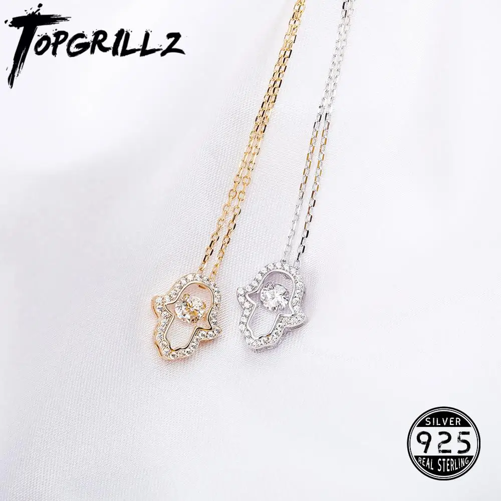 TOPGRILLZ 925 Sterling Silver Pendant Palm Pendant Necklace Iced Charm Zircon Necklace Fashion Jewelry Wedding Reception