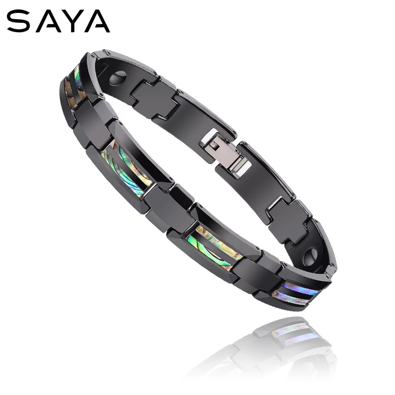 Black Ceramic Bracelets Scratch Proof Inlay Deep Sea Shell and Magnetic Stone for Men Jewelry