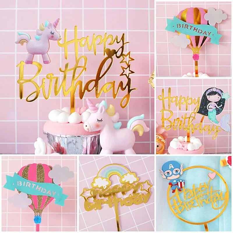 Gold Unicorn Acrylic Cake Topper Flamingo Happy Birthday Cupcake Topper For Baby Shower Mermaid Unicorn Party Cake Decorations image 3