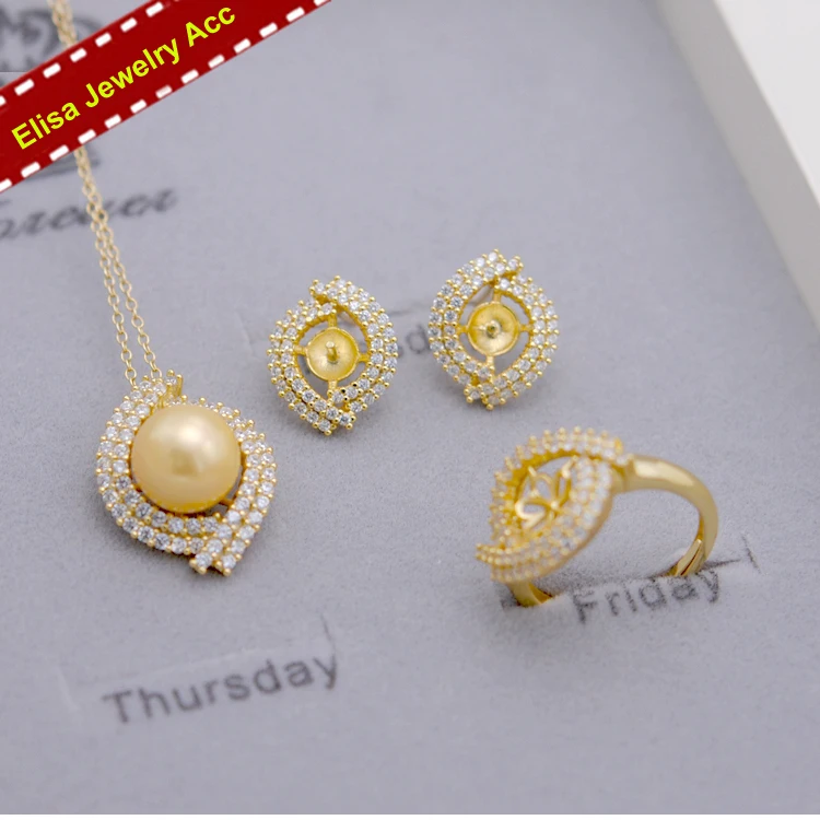 Elegant Pearl Earrings Settings+Pendant Holder+Rings Settings 3Pieces/Set S925 Sterling Silver DIY Handmade Jewelry Components