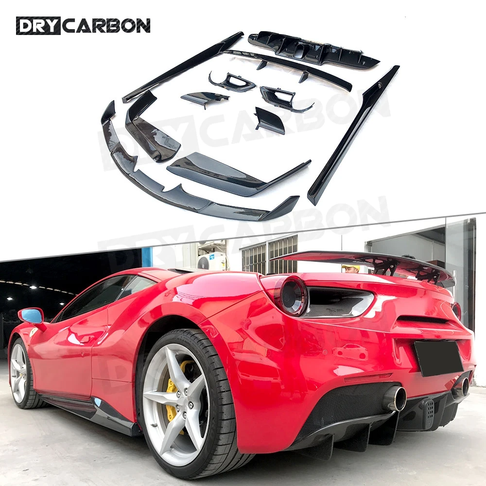 

Front Bumper Lip Chin Side Skirts Rocker Panels Rear Diffuser Aprons Rear Spoiler Trunk Trims Case for Ferrari 488 Body Kits