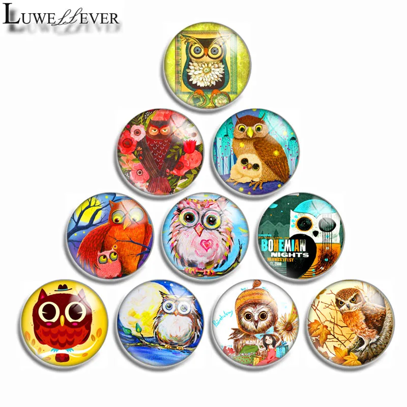 

12mm 10mm 16mm 20mm 25mm 30mm 514 Cute Owl Mix Round Glass Cabochon Jewelry Finding 18mm Snap Button Charm Bracelet