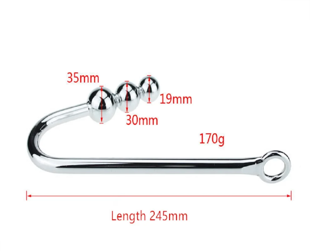 Length 245mm 170g large size stainless steel anal hook with 3 ball metal butt beads Pull ring hole dilator slave BDSM sex toy