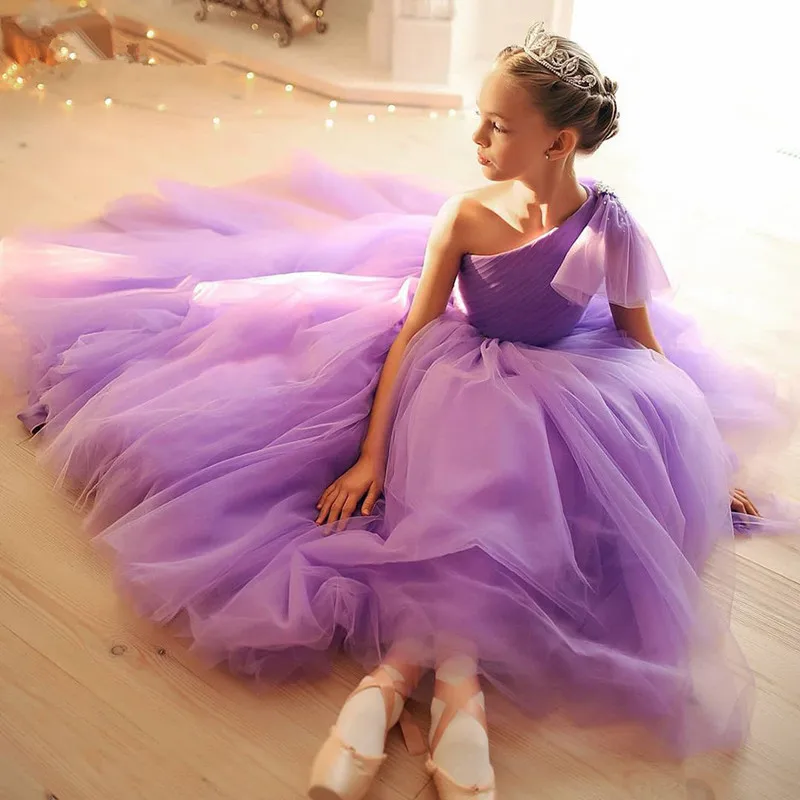 Vestidos de flores para niña, vestidos de tul hinchados de primera comunión, vestido de princesa de un hombro con lazo, vestido de cumpleaños para niños