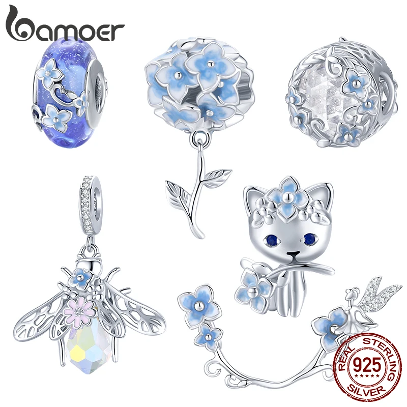 BAMOER Hydrangeas 925 Sterling Silver Cat Elf Round Blue Flower Glass Bead Fairy Hope Pendant Charms Jewelry Making DIY BSC392