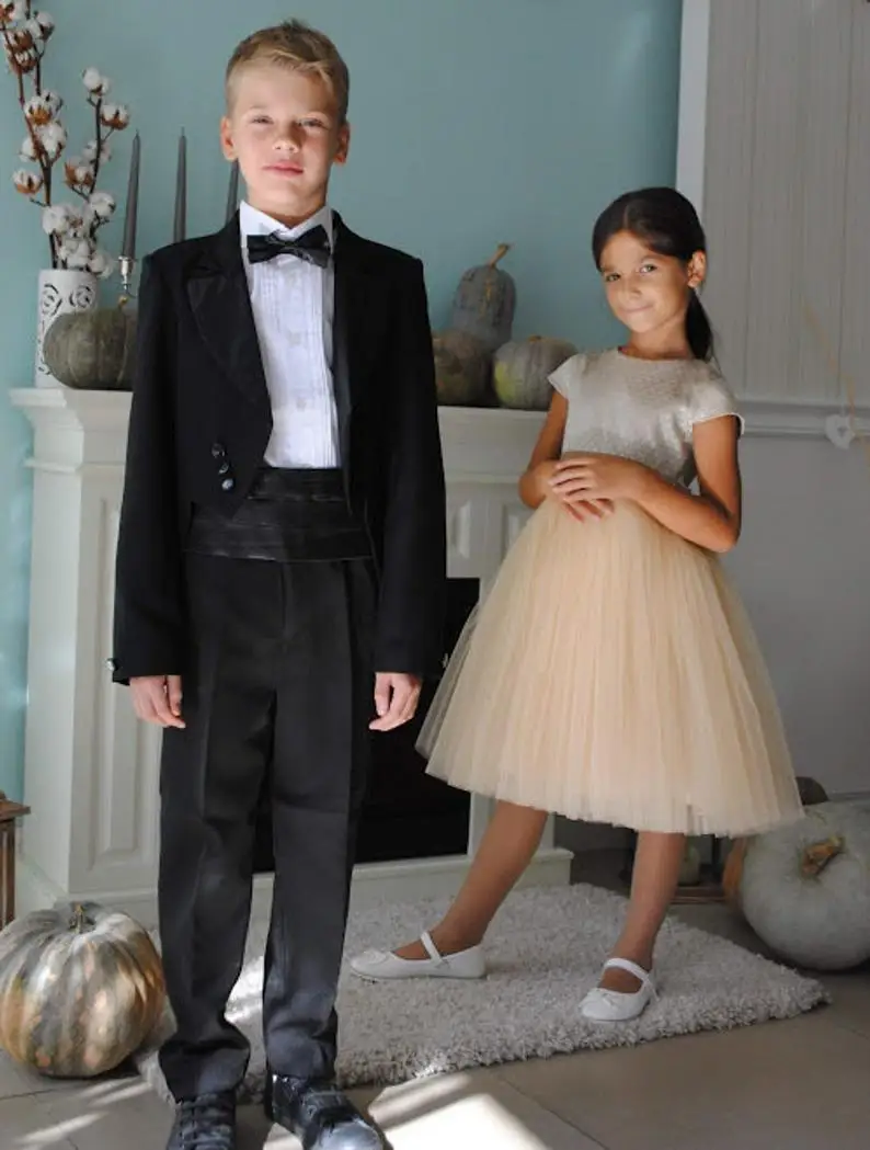 Tenue de soirée noire 2 pièces pour garçons, costume pour petit garçon à revers cranté, costumes de bal de mariage pour enfants, Tuxedos (veste + pantalon)