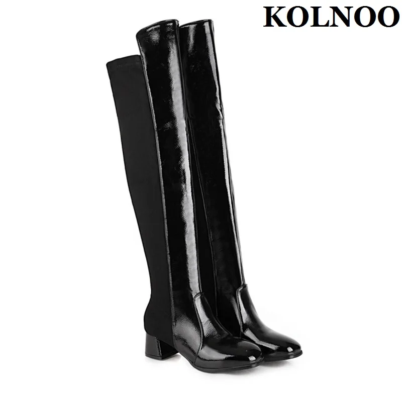 

Kolnoo New Handmade Block Heel Boots Classic Black Patchwork Leather Party Kneehigh Boots Evening Xmas Club Fashion Winter Shoes