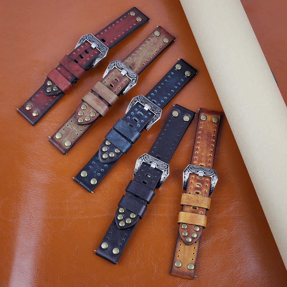 Rivet Leather Watch Strap Handmade Vintage Genuine Leather Watchbands Carving Buckle18mm 20mm 22mm 24mm Strap Watches Accessorie