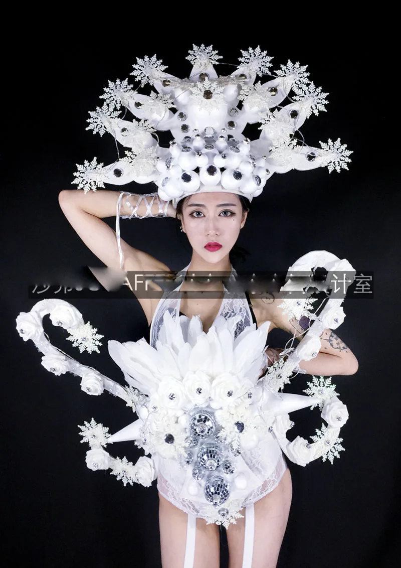 Nightclub DS Dance Team white snow bar Performance Costumes lumious clothing Ice Queen Christmas LED Snowflake Lights Costume