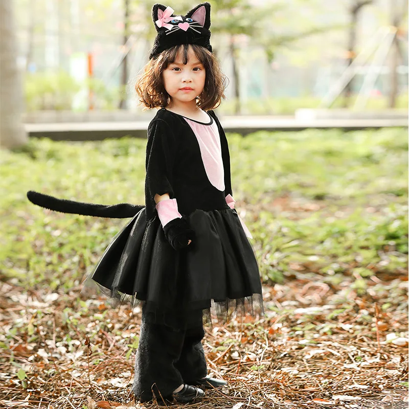 Umorden Kids dziecko śliczny różowy czarny kot Kitty kostium Cosplay Fantasia kostiumy na Halloween dla dziewczynek artystyczna sukienka