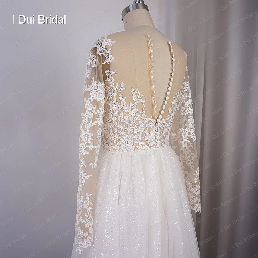 Dài Tay Áo Lấp Lánh Wedding Dress A Line Ren Appliqued Nhảy Múa Bridal Gown Tiếp Nhận Gown Diễn Tập Ăn Mặc Bengalas Boda