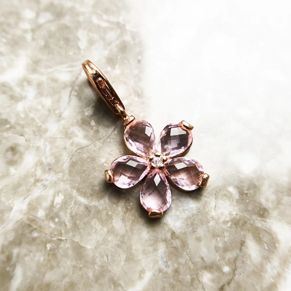 925 Sterling Silver Pink Flower Pendant Charm Trendy Women Girls Fashion Jewelry Romantic Lucky Gift