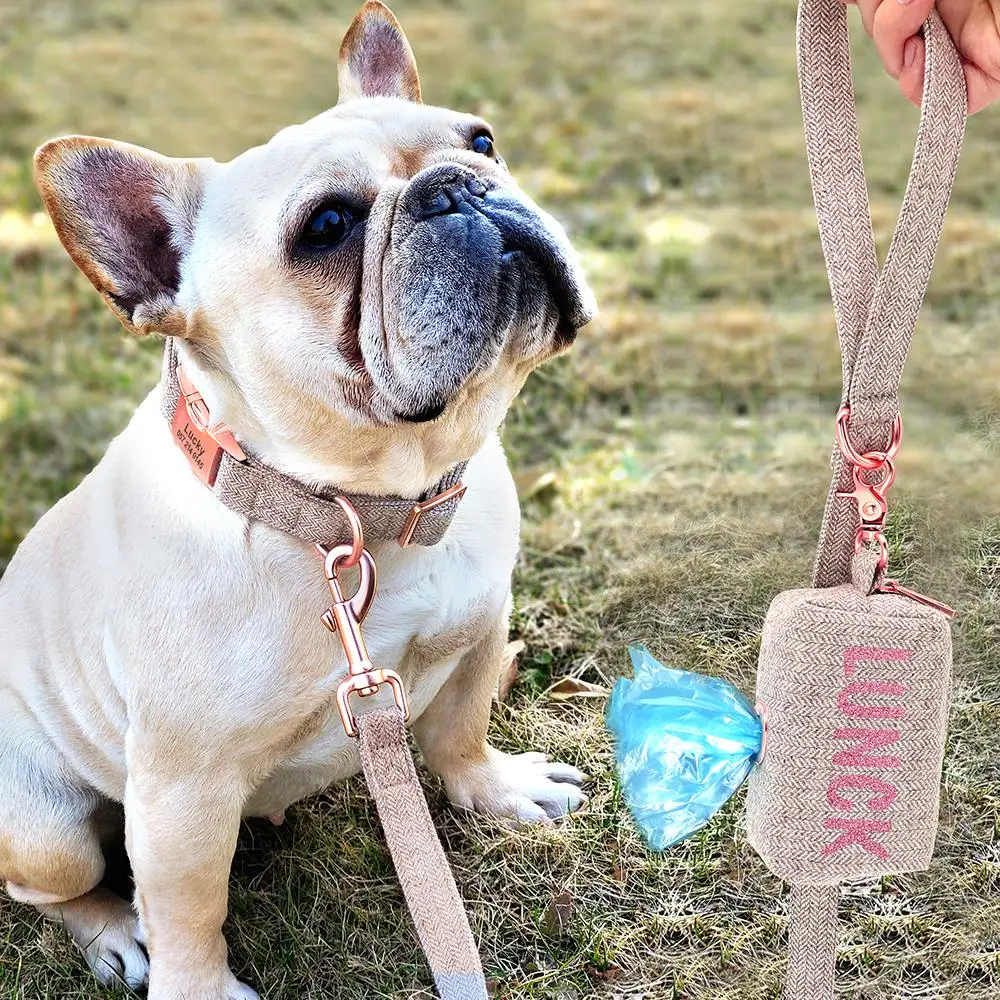 Personalized Dog Collar Leash Set Custom Pet Poop Bag For Small Medium Large Dogs Outdoor Puppy Garbage Bags Pet Supplies Pug