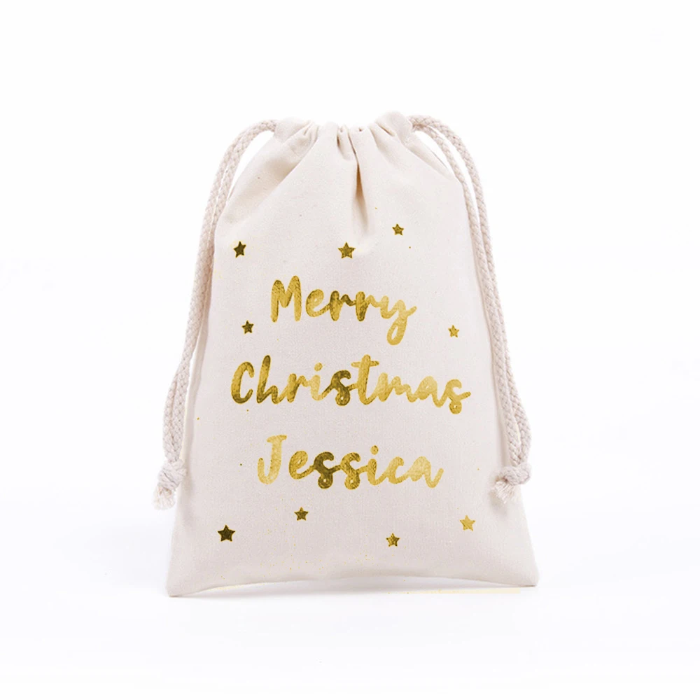 Custom Baby Name Christmas Eve Santa Sacks Personalized Merry Christmas New Year Drawstring Cotton Gifts Bags Xmas Stocking Bags