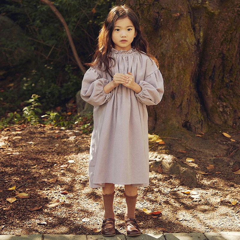 Girls Retro Long-Sleeved Cotton And Linen Dress Spring Autumn New Children's Lantern Sleeve Casual Loose Princess Dresses TZ85