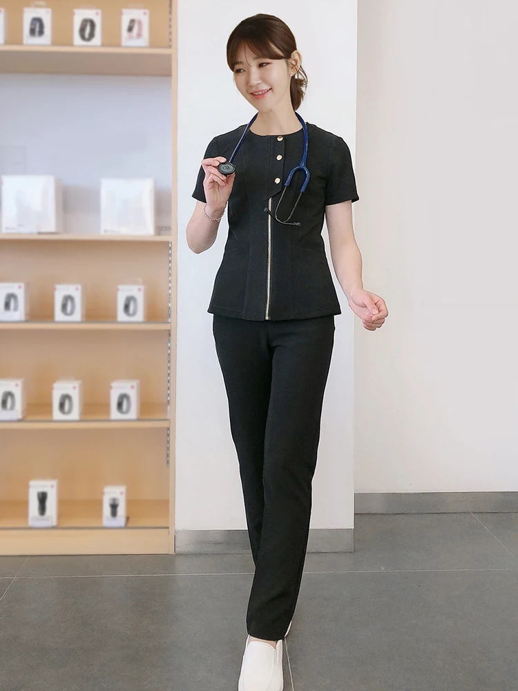 Groothandel Aangepaste Vrouwen Scrub Set Metalen Rits Top En Broek Verpleegster Uniform